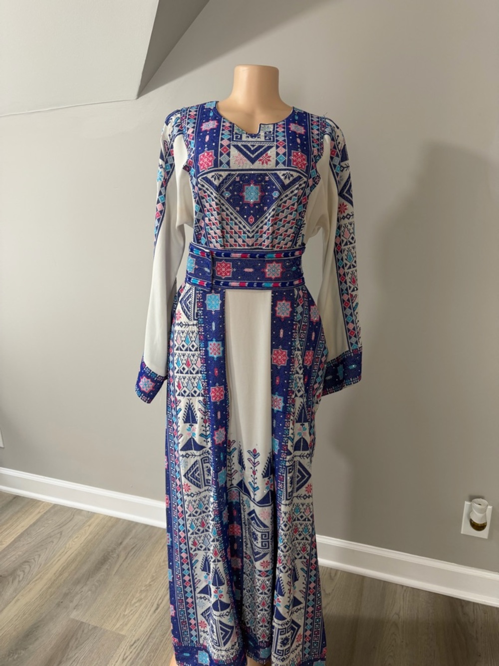 Blue and white thobe with matching belt Palestinian